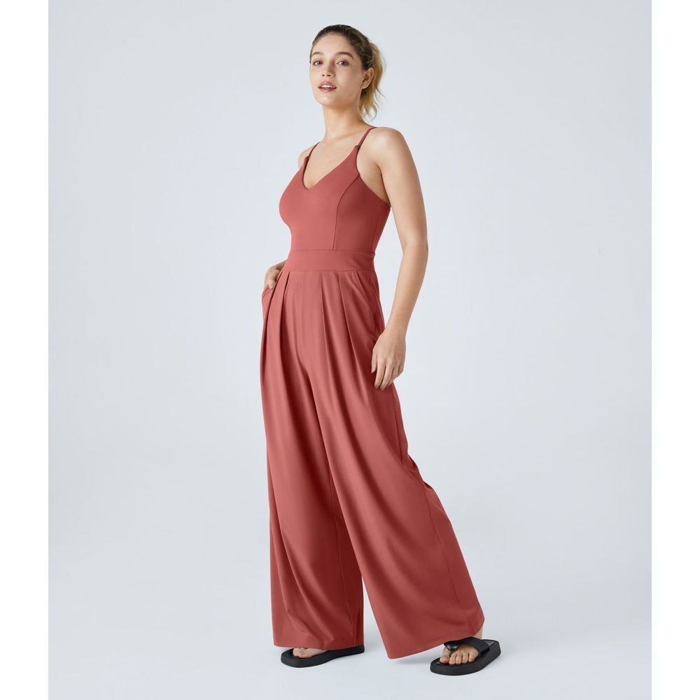 Backless Side Invisible Zipper Pocket Wide Leg Quick Dry Resort Slip Jumpsuit - Picture 2 of 5